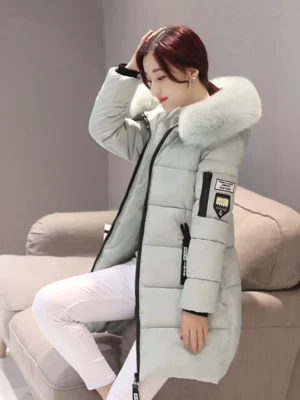 winter warm fur collar hooded women parka fashion comfortable zipper pockets design long jacket elegant slim thick female coats