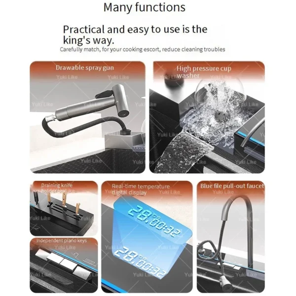 stainless steel waterfall kitchen sink digital display faucet set embossed extra large single slot multiple types of sinks stainless steel waterfall kitchen sink digital display faucet set embossed extra large single slot multiple types of sinks