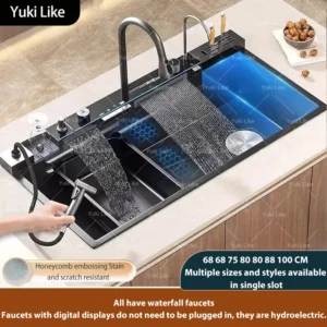stainless steel waterfall kitchen sink digital display faucet set embossed extra large single slot multiple types of sinks stainless steel waterfall kitchen sink digital display faucet set embossed extra large single slot multiple types of sinks