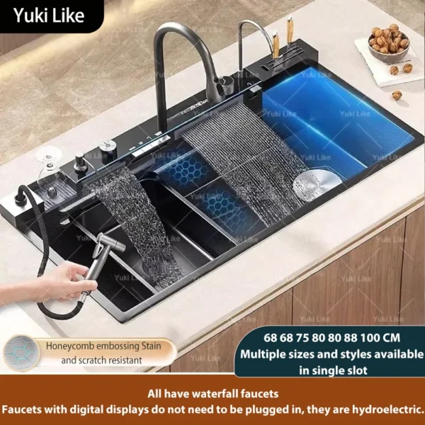 stainless steel waterfall kitchen sink digital display faucet set embossed extra large single slot multiple types of sinks stainless steel waterfall kitchen sink digital display faucet set embossed extra large single slot multiple types of sinks