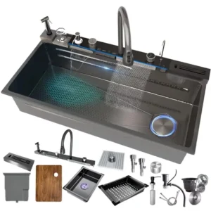 newly designed stainless steel kitchen sink with cup washer, black nano stainless steel smart kitchen sink