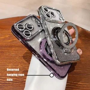 luxury plating diamond glitter holder stand phone case for iphone17 16 15 14 13 12 pro max for magsafe lens protector back cover