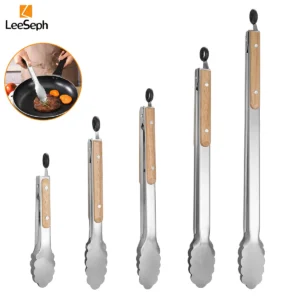 leeseph stainless steel food tongs, heavy duty kitchen tongs with wooden handle for cooking, grilling and bbq, 7 16 inch length leeseph stainless steel food tongs, heavy duty kitchen tongs with wooden handle for cooking, grilling and bbq, 7 16 inch length