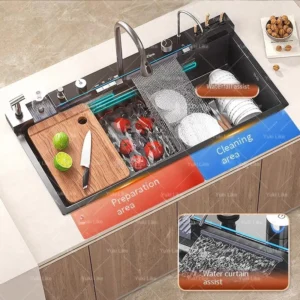 Left Sidebar stainless steel waterfall kitchen sink digital display faucet set embossed extra large single slot multiple types of sinks