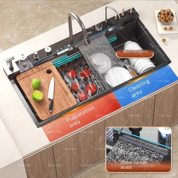 stainless steel waterfall kitchen sink digital display faucet set embossed extra large single slot multiple types of sinks stainless steel waterfall kitchen sink digital display faucet set embossed extra large single slot multiple types of sinks