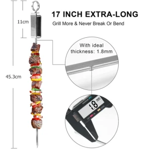 lmetjma 17inch kabob skewers for grilling stainless steel flat bbq skewers with quick release metal sliding handle jt45