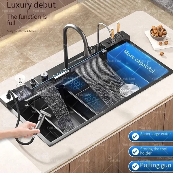 stainless steel waterfall kitchen sink digital display faucet set embossed extra large single slot multiple types of sinks stainless steel waterfall kitchen sink digital display faucet set embossed extra large single slot multiple types of sinks