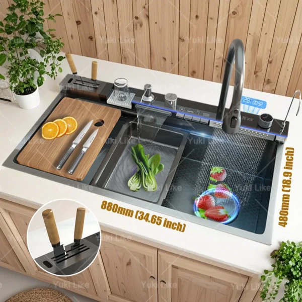 stainless steel waterfall kitchen sink digital display faucet set embossed extra large single slot multiple types of sinks stainless steel waterfall kitchen sink digital display faucet set embossed extra large single slot multiple types of sinks