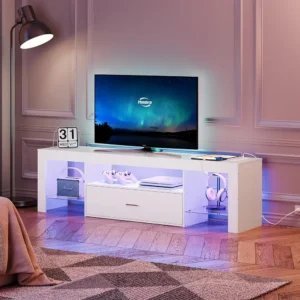 led tv stand with power outlets to 65 h tv, gaming entertainment center with glass shelves and large drawer, modern media tv