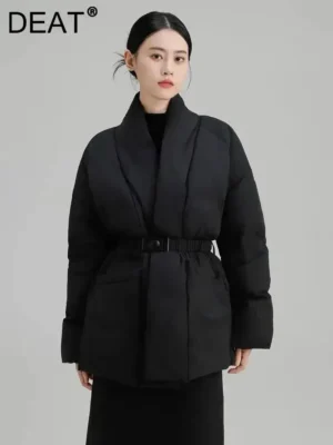 deat fashion brown cotton padded coat women's v neck loose big pockets sashes thick warm jacket winter new