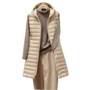 Left Sidebar ladies medium and long style pure color hooded light down cotton vest jacket autumn and winter slim sleeveless women parkas vest