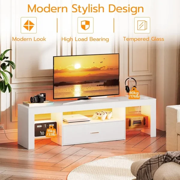led tv stand with power outlets to 65 h tv, gaming entertainment center with glass shelves and large drawer, modern media tv led tv stand with power outlets to 65 h tv, gaming entertainment center with glass shelves and large drawer, modern media tv