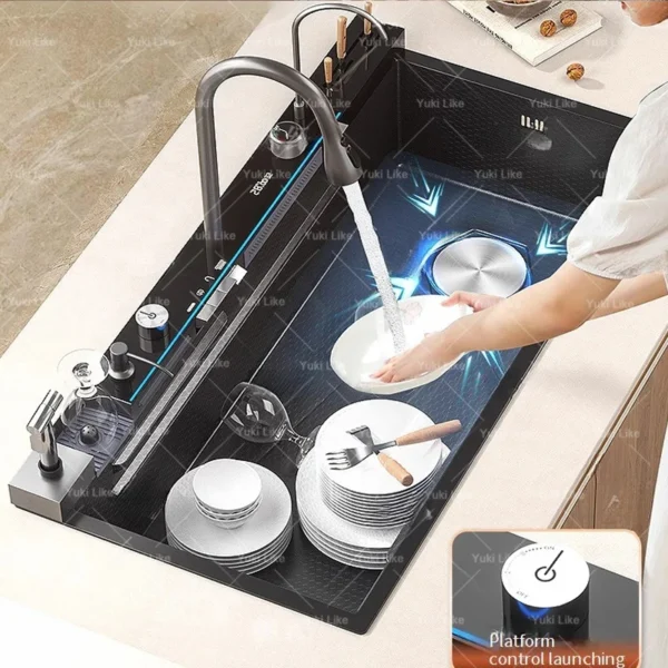 stainless steel waterfall kitchen sink digital display faucet set embossed extra large single slot multiple types of sinks stainless steel waterfall kitchen sink digital display faucet set embossed extra large single slot multiple types of sinks