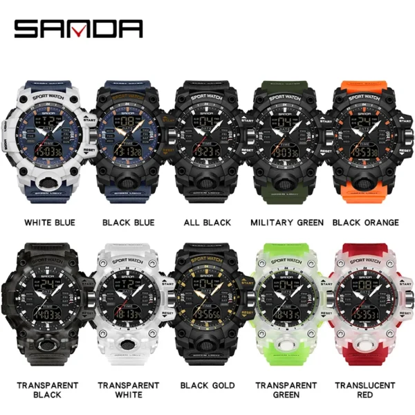 sanda luxury g style men's electronic watch outdoor sports led analog digital chronograph military dual display 50m waterproof