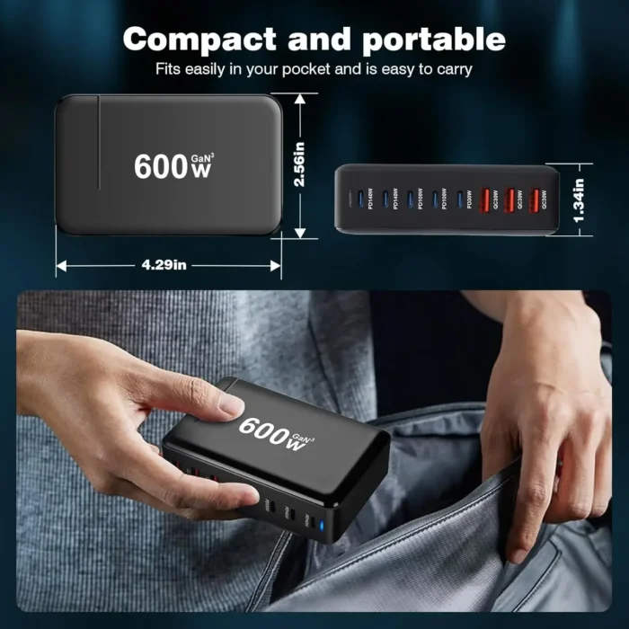 600w gan charger hub usb c 8 ports fast charging station adapter for all devices with 5 usb c + 3 usb a charger pd pps 140 w