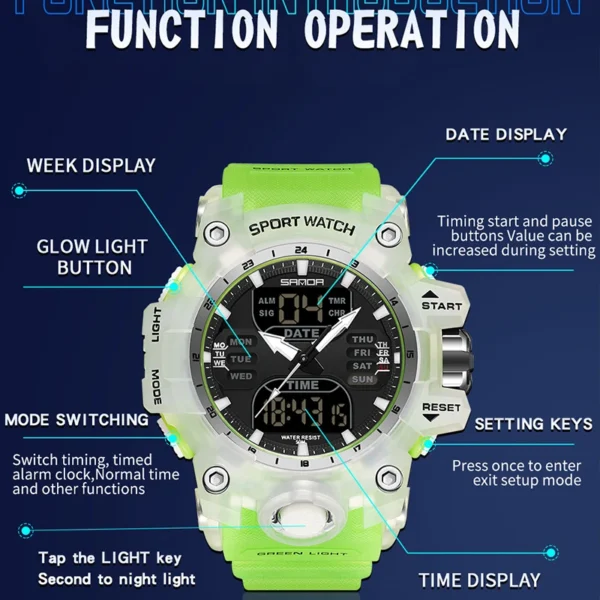 sanda luxury g style men's electronic watch outdoor sports led analog digital chronograph military dual display 50m waterproof