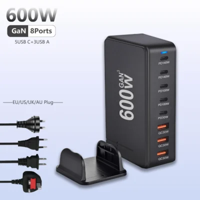 600w gan charger hub usb c 8 ports fast charging station adapter for all devices with 5 usb c + 3 usb a charger pd pps 140 w