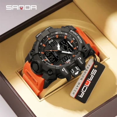 sanda luxury g style men's electronic watch outdoor sports led analog digital chronograph military dual display 50m waterproof