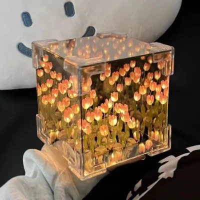 creative diy tulip night light led decorative night lamp magic cube table lamp and mirror 2 in 1 for birthday gifts girl cards