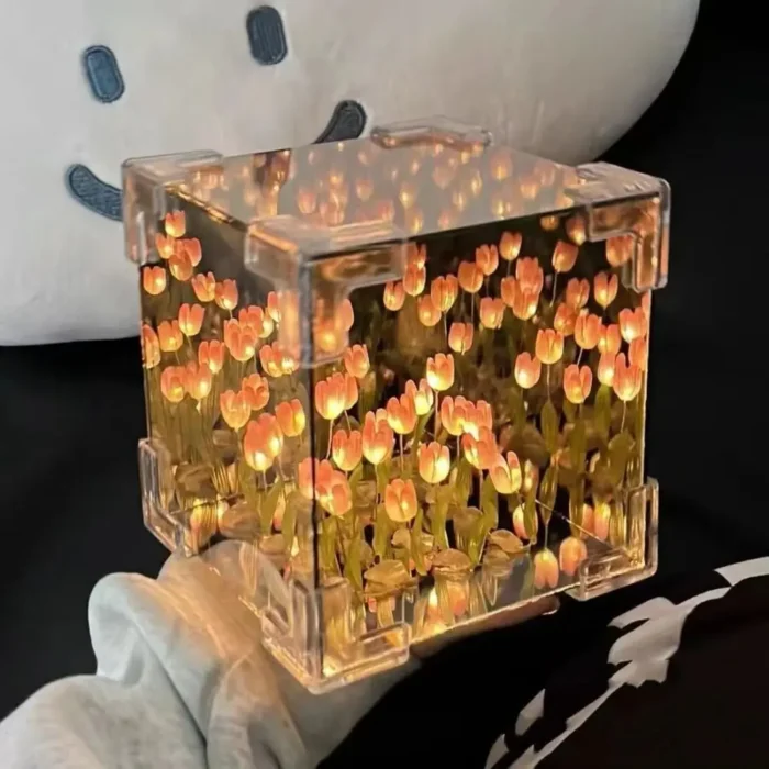 creative diy tulip night light led decorative night lamp magic cube table lamp and mirror 2 in 1 for birthday gifts girl cards