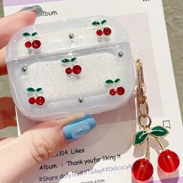 cute cherry decor clear glitter earphone case for airpods pro2, pro3, pro with cherry charm protective case for airpods 1/2 3 4