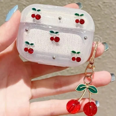 cute cherry decor clear glitter earphone case for airpods pro2, pro3, pro with cherry charm protective case for airpods 1/2 3 4