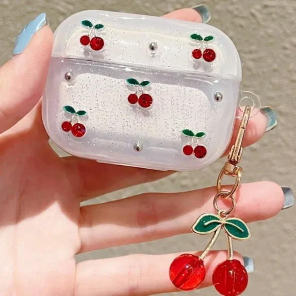 cute cherry decor clear glitter earphone case for airpods pro2, pro3, pro with cherry charm protective case for airpods 1/2 3 4