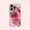 delicious strawberry pattern pink metallic paint glass phone case for iphone 17 pro max 16 plus 15 14 13 12 11 16e 17air cover
