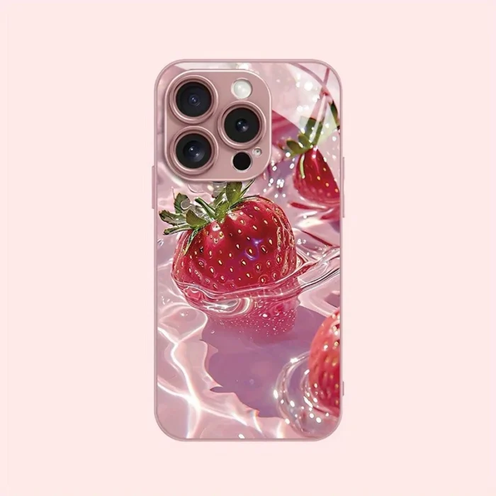 delicious strawberry pattern pink metallic paint glass phone case for iphone 17 pro max 16 plus 15 14 13 12 11 16e 17air cover