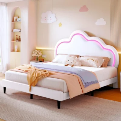 dwvo cloud bed frame queen size, pu leather upholstered bed frame with led lights, platform bed with cloud headboard, no box spr