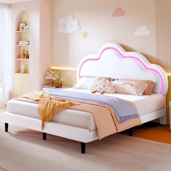 dwvo cloud bed frame queen size, pu leather upholstered bed frame with led lights, platform bed with cloud headboard, no box spr