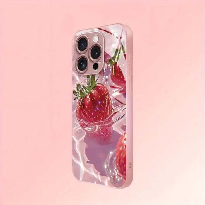 delicious strawberry pattern pink metallic paint glass phone case for iphone 17 pro max 16 plus 15 14 13 12 11 16e 17air cover
