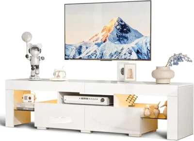 led tv stand, 63'' high glossy modern entertainment center with led lights and storage for 55/60/65/70 inch tv (white, 63