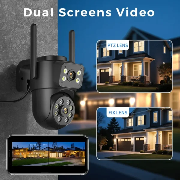wifi camera outdoor 8mp 4k dual lens dual screens black surveillance camera night vision human detection security camera icsee wifi camera outdoor 8mp 4k dual lens dual screens black surveillance camera night vision human detection security camera icsee