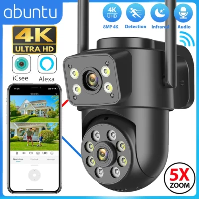 wifi camera outdoor 8mp 4k dual lens dual screens black surveillance camera night vision human detection security camera icsee wifi camera outdoor 8mp 4k dual lens dual screens black surveillance camera night vision human detection security camera icsee