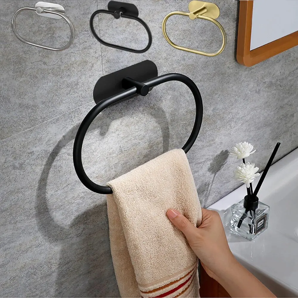 stainless steel towel holder self adhesive bathroom towels rack black washhand hanger ring rail bar kitchen storage accessories