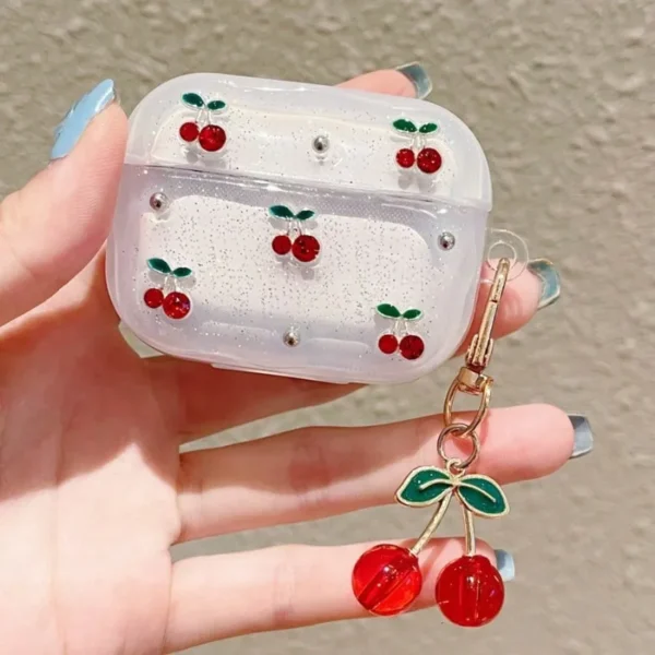 cute cherry decor clear glitter earphone case for airpods pro2, pro3, pro with cherry charm protective case for airpods 1/2 3 4