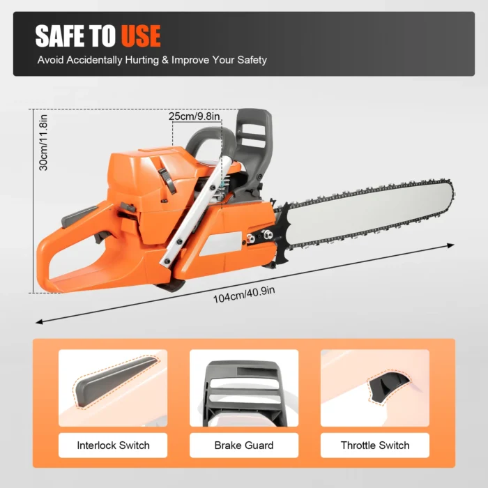 gasoline power chain saws 24 inch guide bar 2 cycle 65/72cc gas chainsaw farm garden cutting wood crankcase hand pull start