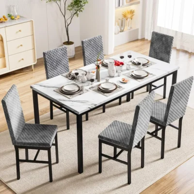 7 piece dining table set for 6 with chairs of velvet foam, faux marble kitchen dining table set for small space, living room, a