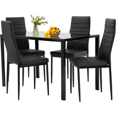 5 piece dining table set black glass kitchen table with 4 upholstered chairs and faux leather cushions | space saving