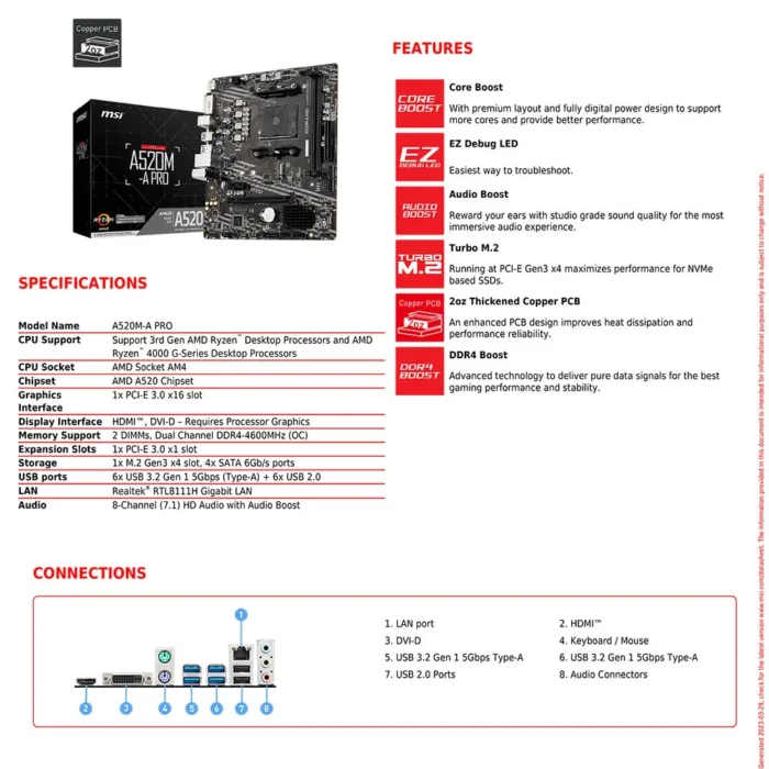 msi amd a520m a pro motherboard support ryzen cpu r3 r5 r7 5000 & 3000 series mainboard am4 m.2 nvme dual channel ddr4 full new