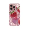 delicious strawberry pattern pink metallic paint glass phone case for iphone 17 pro max 16 plus 15 14 13 12 11 16e 17air cover