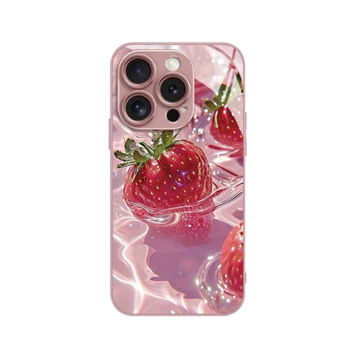 delicious strawberry pattern pink metallic paint glass phone case for iphone 17 pro max 16 plus 15 14 13 12 11 16e 17air cover