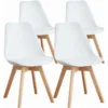 set of 4 mid century dining chairs, white pu leather and wood legs for kitchen