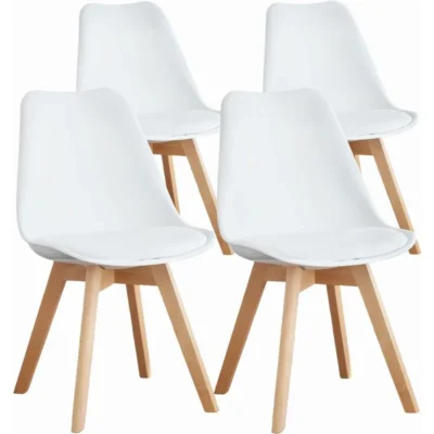 set of 4 mid century dining chairs, white pu leather and wood legs for kitchen