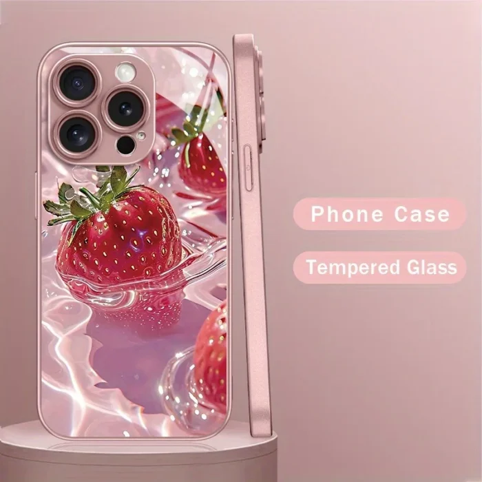delicious strawberry pattern pink metallic paint glass phone case for iphone 17 pro max 16 plus 15 14 13 12 11 16e 17air cover