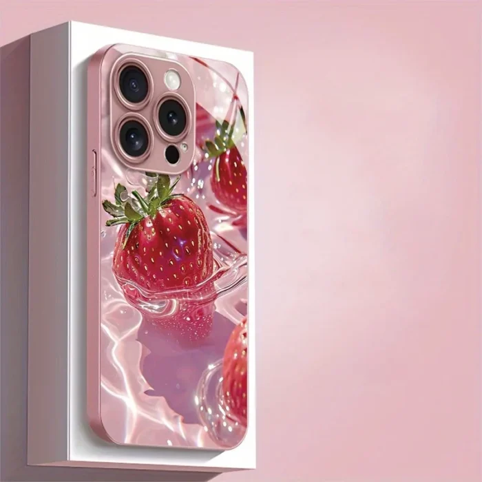 delicious strawberry pattern pink metallic paint glass phone case for iphone 17 pro max 16 plus 15 14 13 12 11 16e 17air cover
