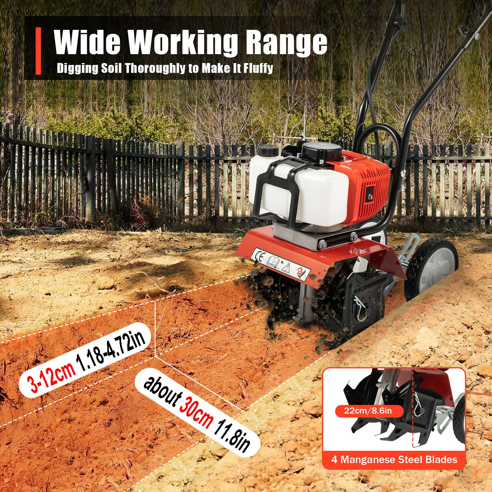 52cc 1700w gasoline garden tiller cordless 2 stroke air cooled cultivator rotary for trenching loosening 12in/30cm wide 12cm dp