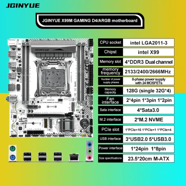 jginyue x99 motherboard lga 2011 3 support xeon e5 v3 v4 cpu and ddr4 ram memory m.2 nvme sata wifi x99m gaming d4/argb
