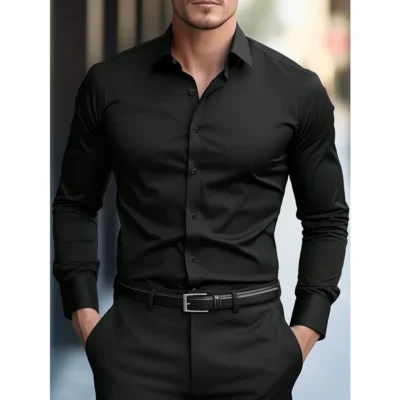 2025 men's shirt brand new solid color long sleeve smart casual four season elastic male business shirts
